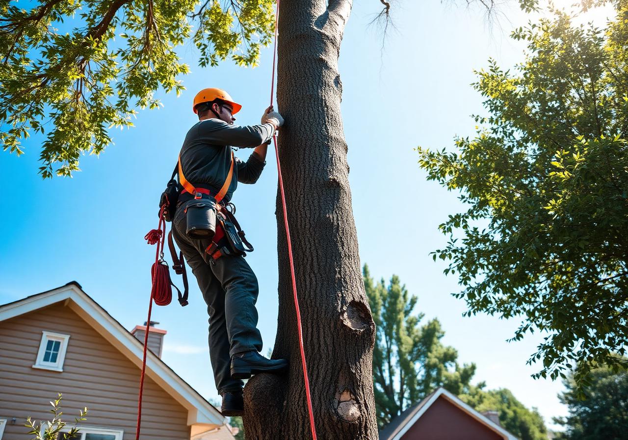 Climbing arborist trimming oak